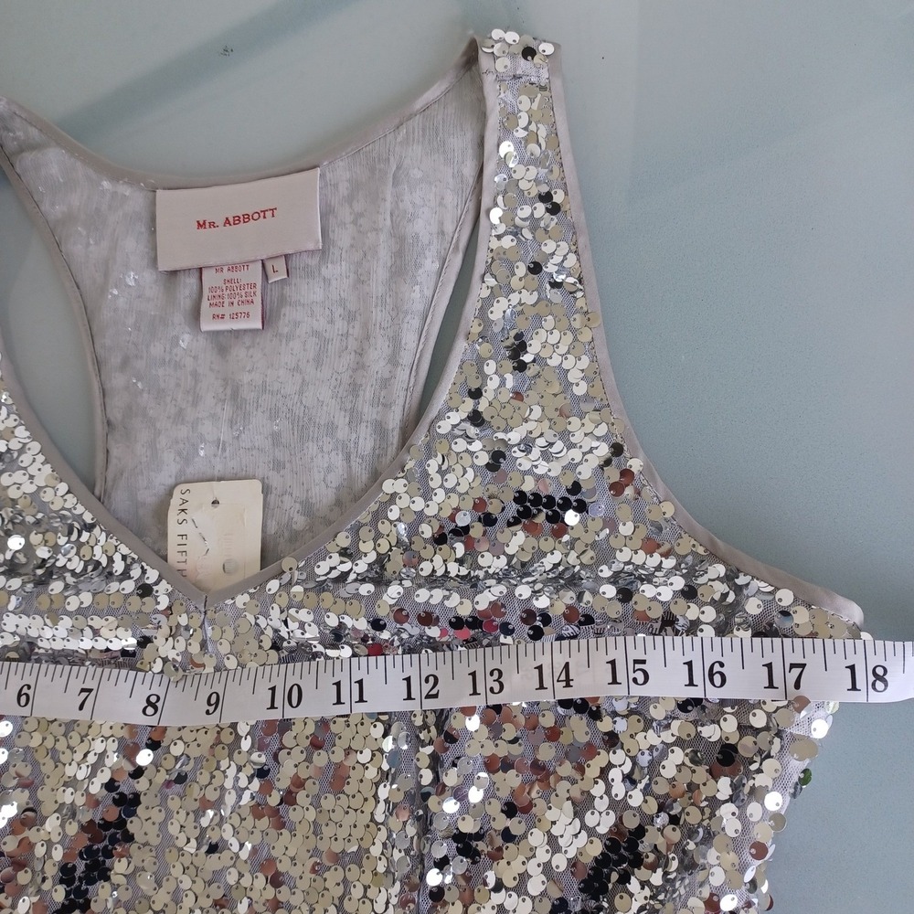 Mr Abbott Silver Sequin Silk Lined Mini Dress V-Neck Racerback L NWT $450 - Picture 4 of 11